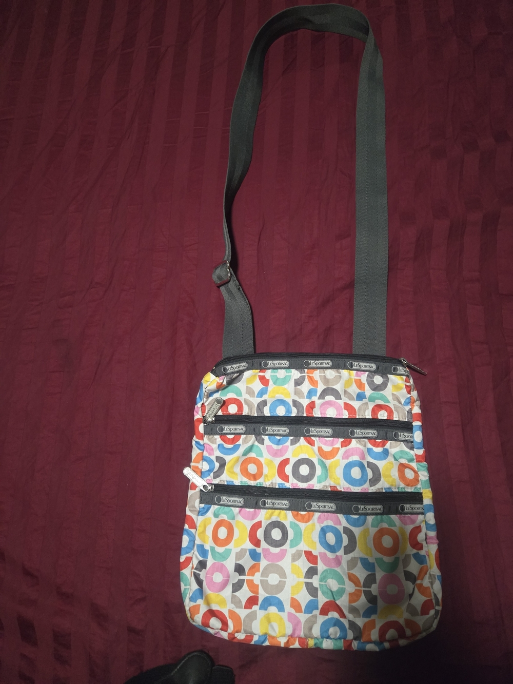 LeSportsac Multicolor Circle Print Crossbody Bag with Gray Strap